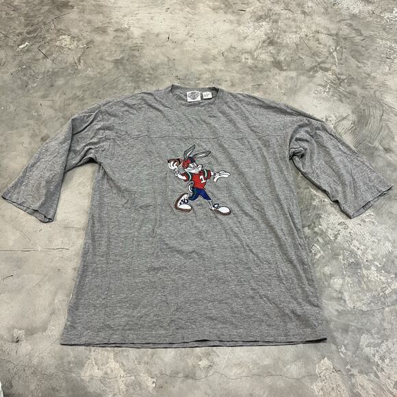 Vintage 90's Looney Tunes Bugs Bunny Football Gray 3/4 Sleeve Pullover Shirt LRG - Picture 1 of 8